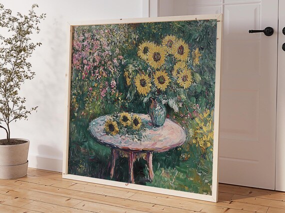 Sunflower In Spring Summer Garden Botanical Wall Art Abstract Flower Print Monet Impressionistic Floral Neutral Farmhouse Decor Gifts
