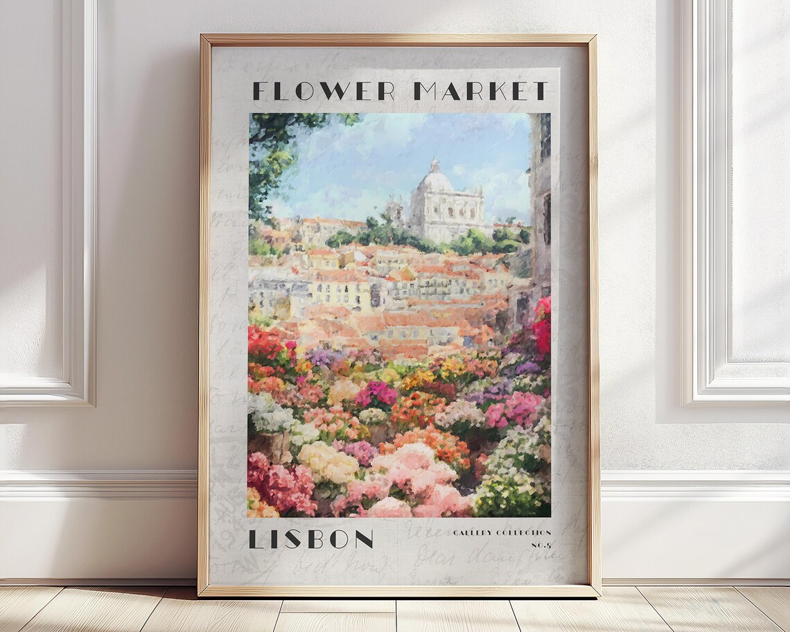 Lisbon Flower Market Portugal Rooftop Watercolor Travel Poster