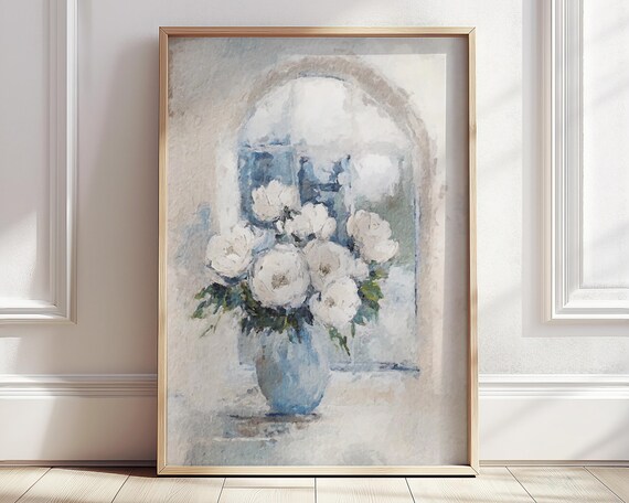 Neutral White Peony Print Monet Flower Poster Impressionistic Floral Bouquet Botanical Still Life Farmhouse Wall Art Home Decor Gifts