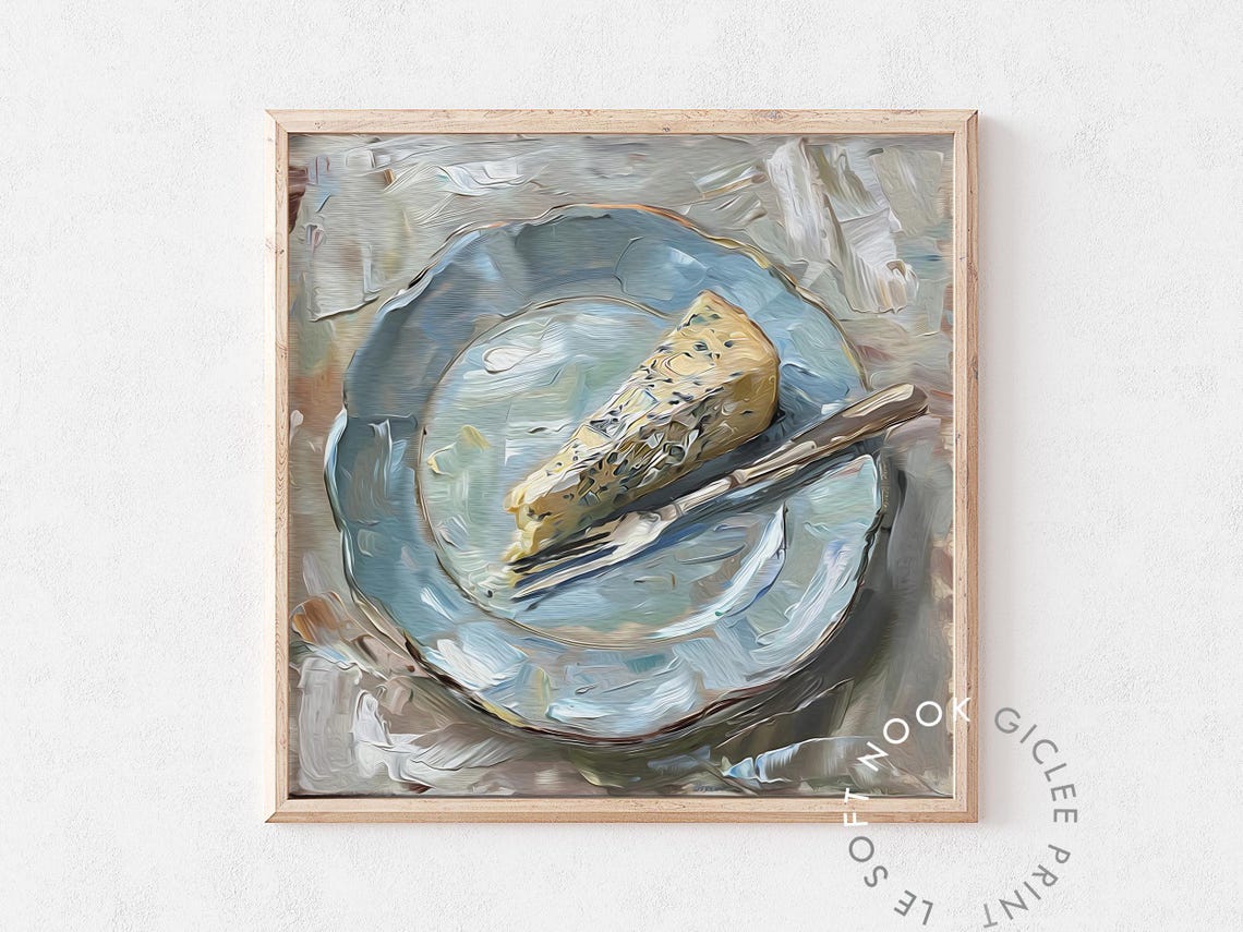 Blue Cheese Wedge On Plate Painterly Rustic Kitchen Art Poster