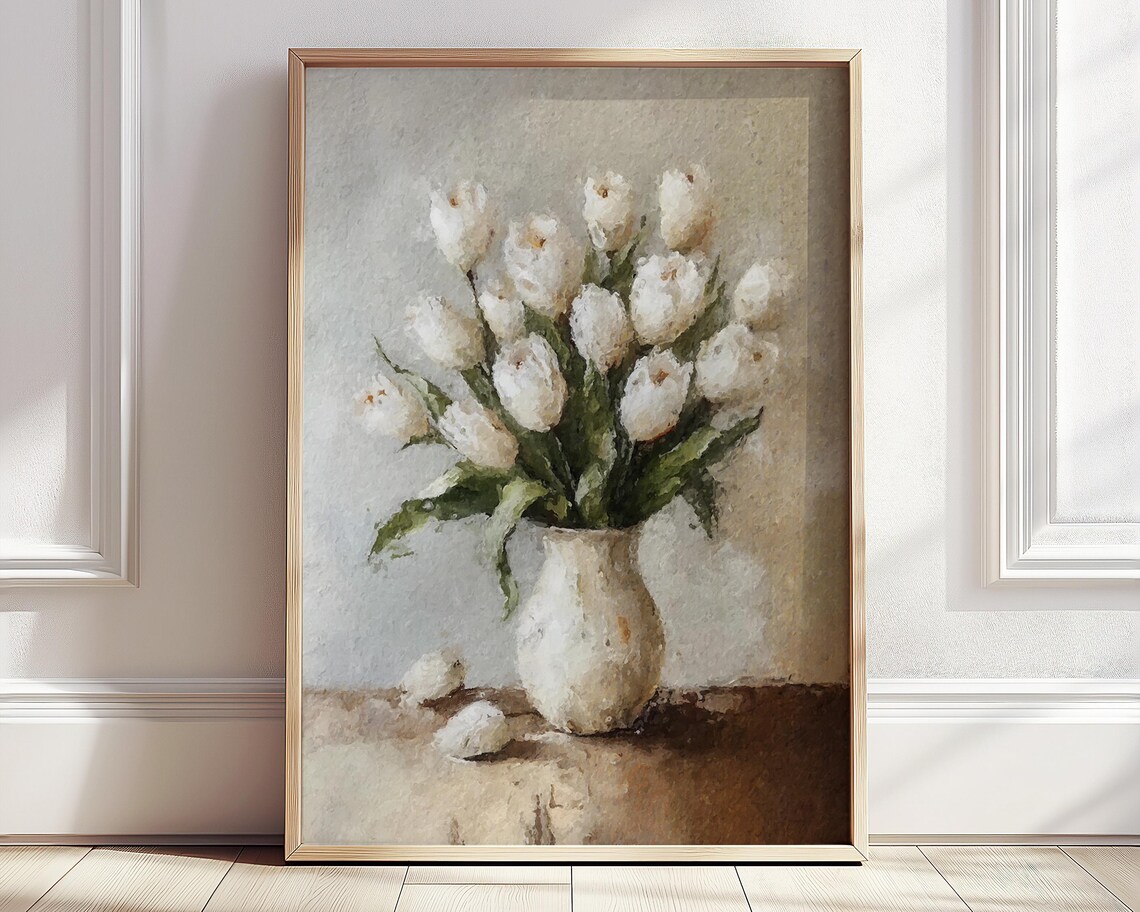 White Tulips Cream Vase Neutral Still Life Watercolor Art Poster