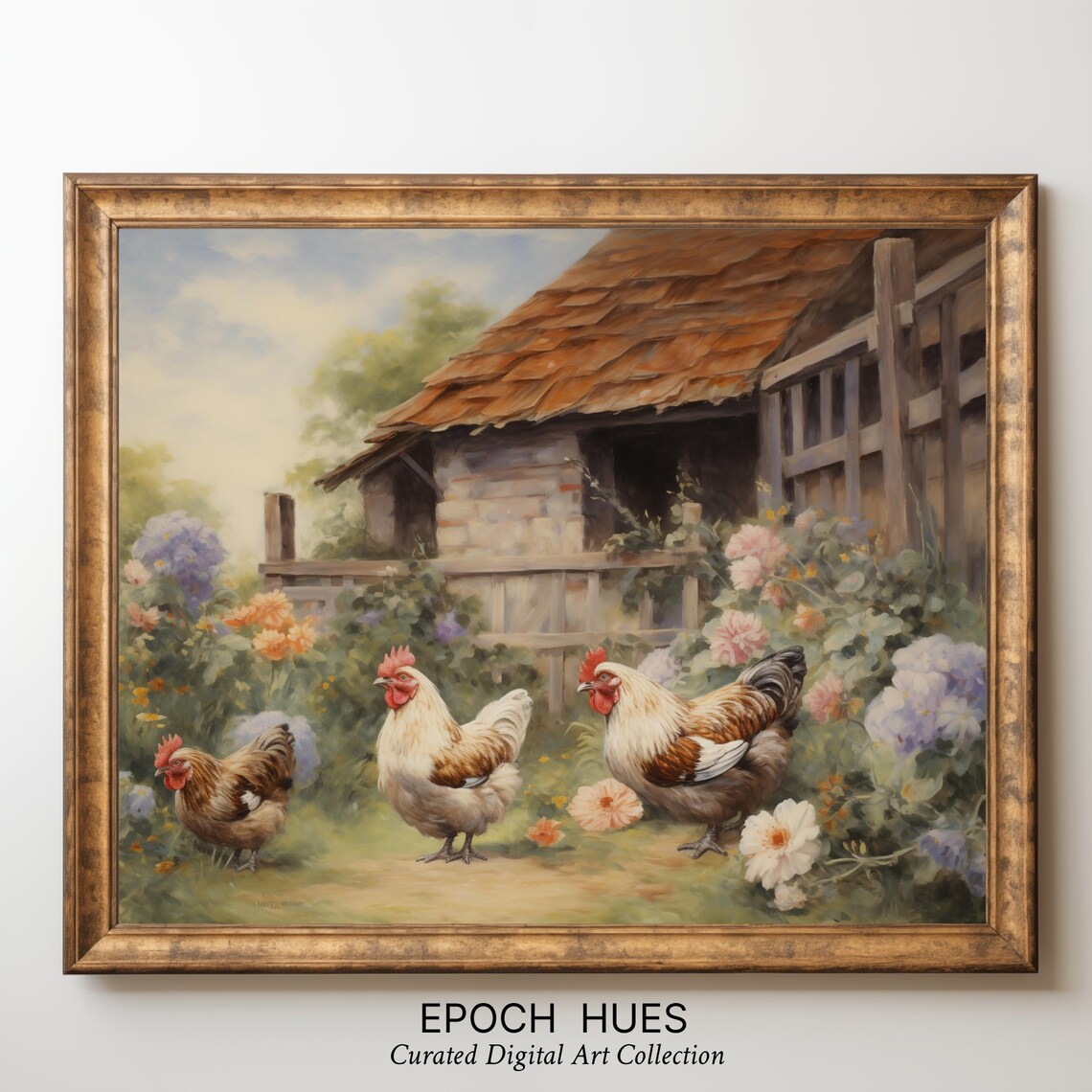 Roosters before Chicken Coop Red Shingle Roof Country Poster