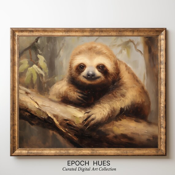 Smiling Sloth Resting on Tree Branch Adorable Jungle Art Poster