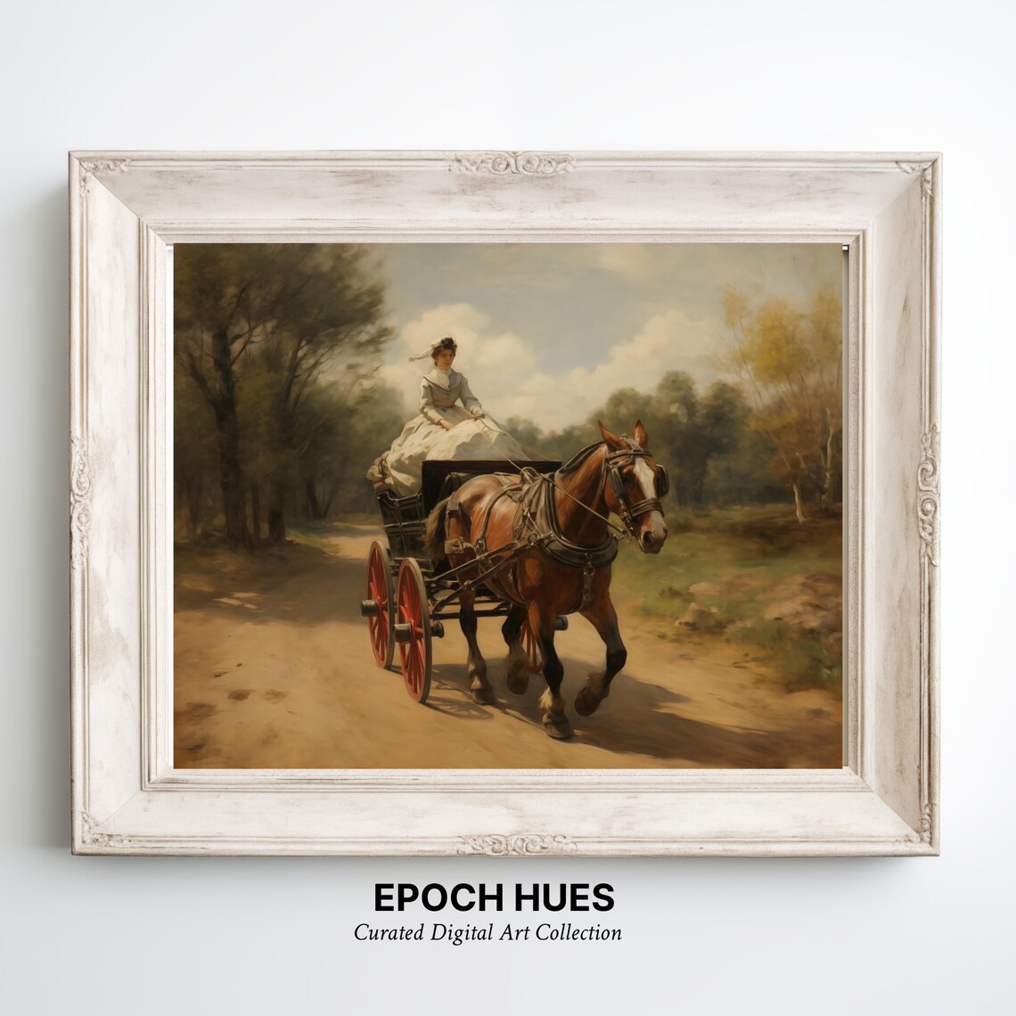 Woman Riding Horse Drawn Carriage on Country Road Vintage Poster - Image 3
