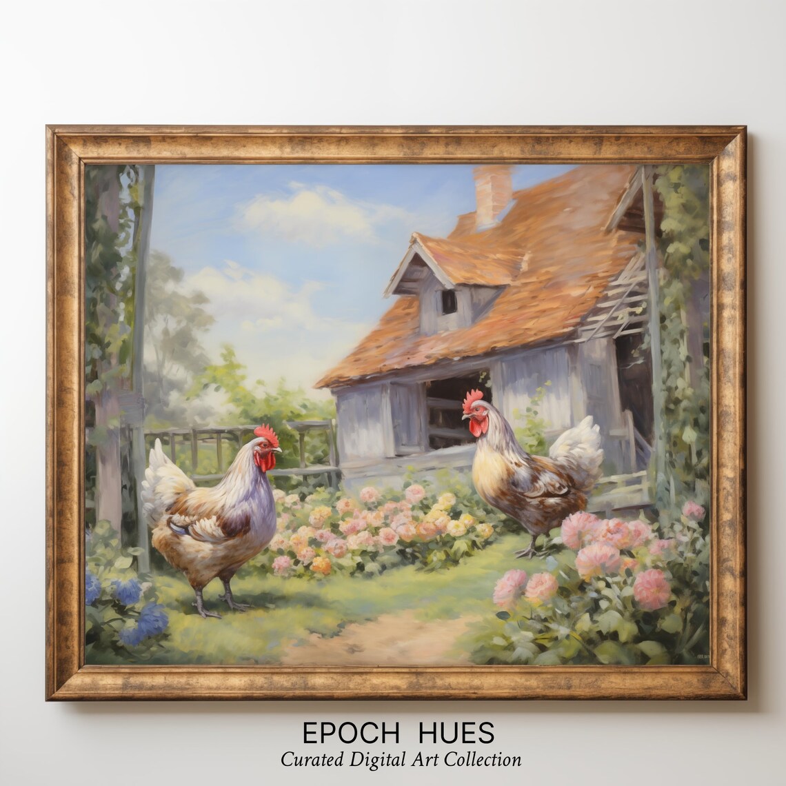 Two Roosters In A Blooming Farmhouse Garden Rustic Art Print - Image 3