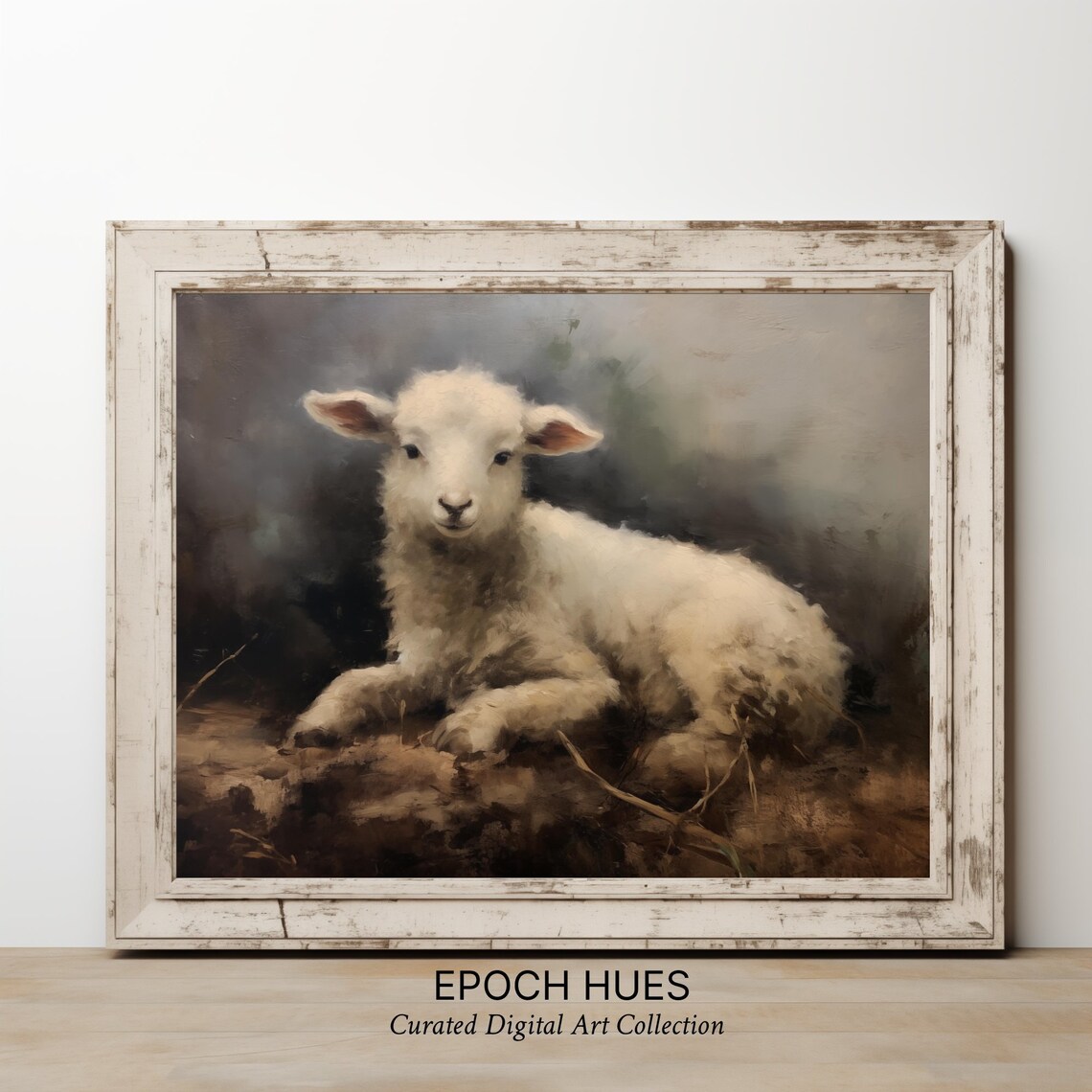 Adorable White Baby Lamb Resting Farm Animal Oil Painting Poster