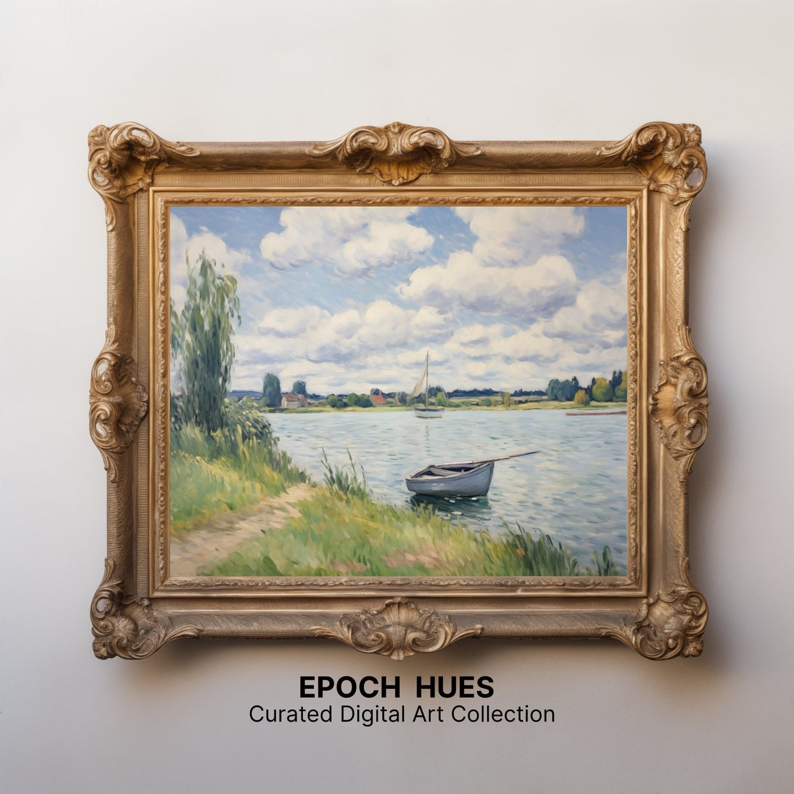 Impressionist Lake Sailboat Rowboat Willow Shore Morning Poster - Image 2