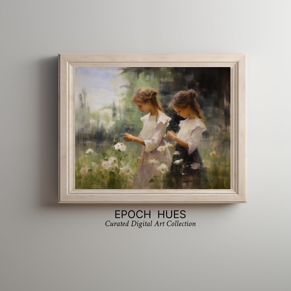 Two Girls Picking White Daisies in Sunny Meadow Soft Art Poster - Image 2