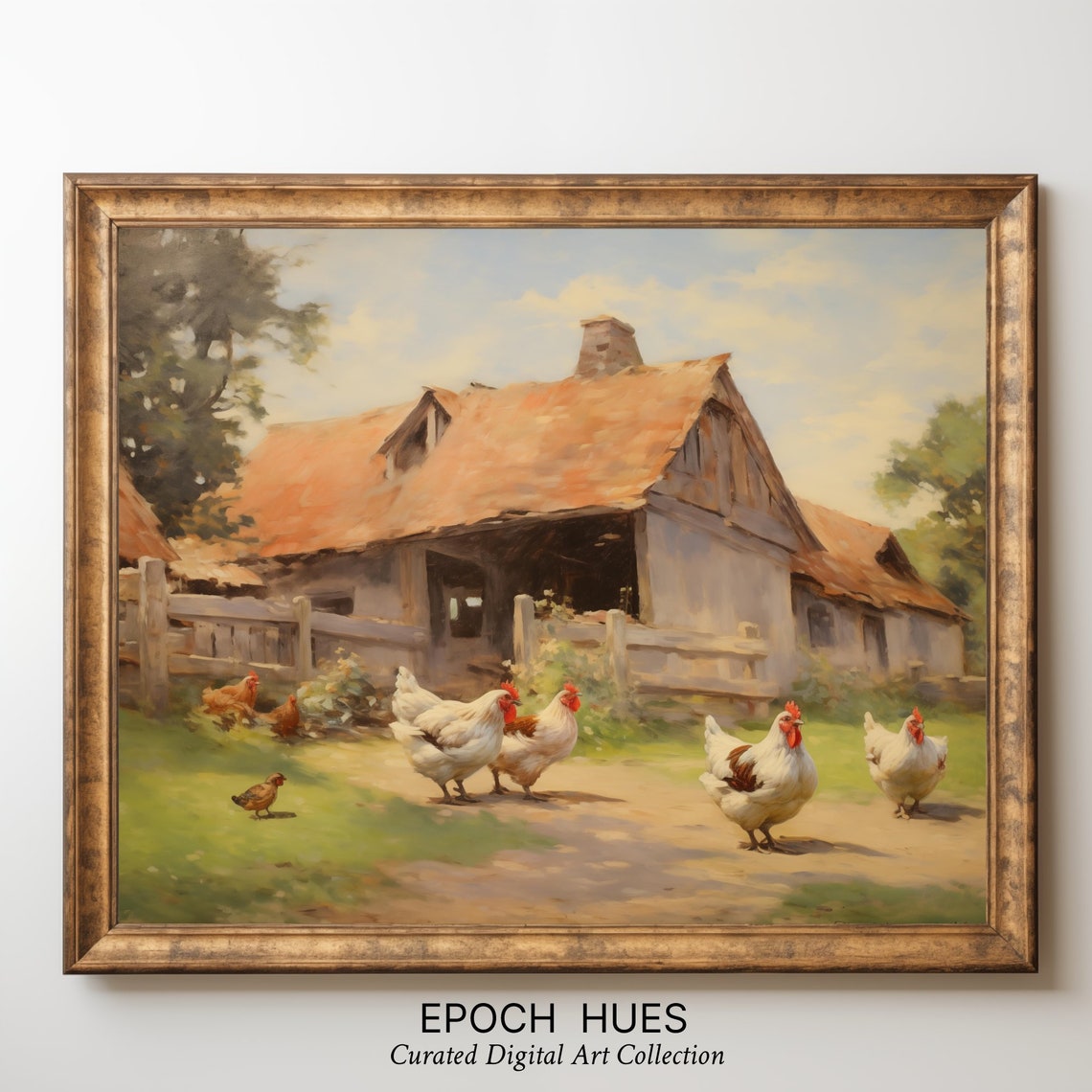 Flock of White Hens in Rustic Barnyard Country Painting Poster - Image 3