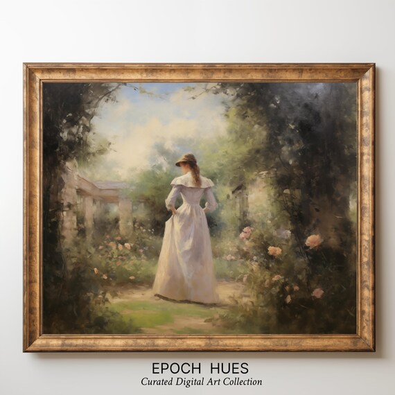 Sunlit Lady With Hat Rose Garden Path Summer Painting Wall Art