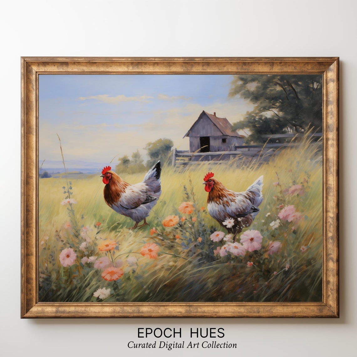 Two Roosters in Wildflower Meadow Barn Beyond Country Poster - Image 2