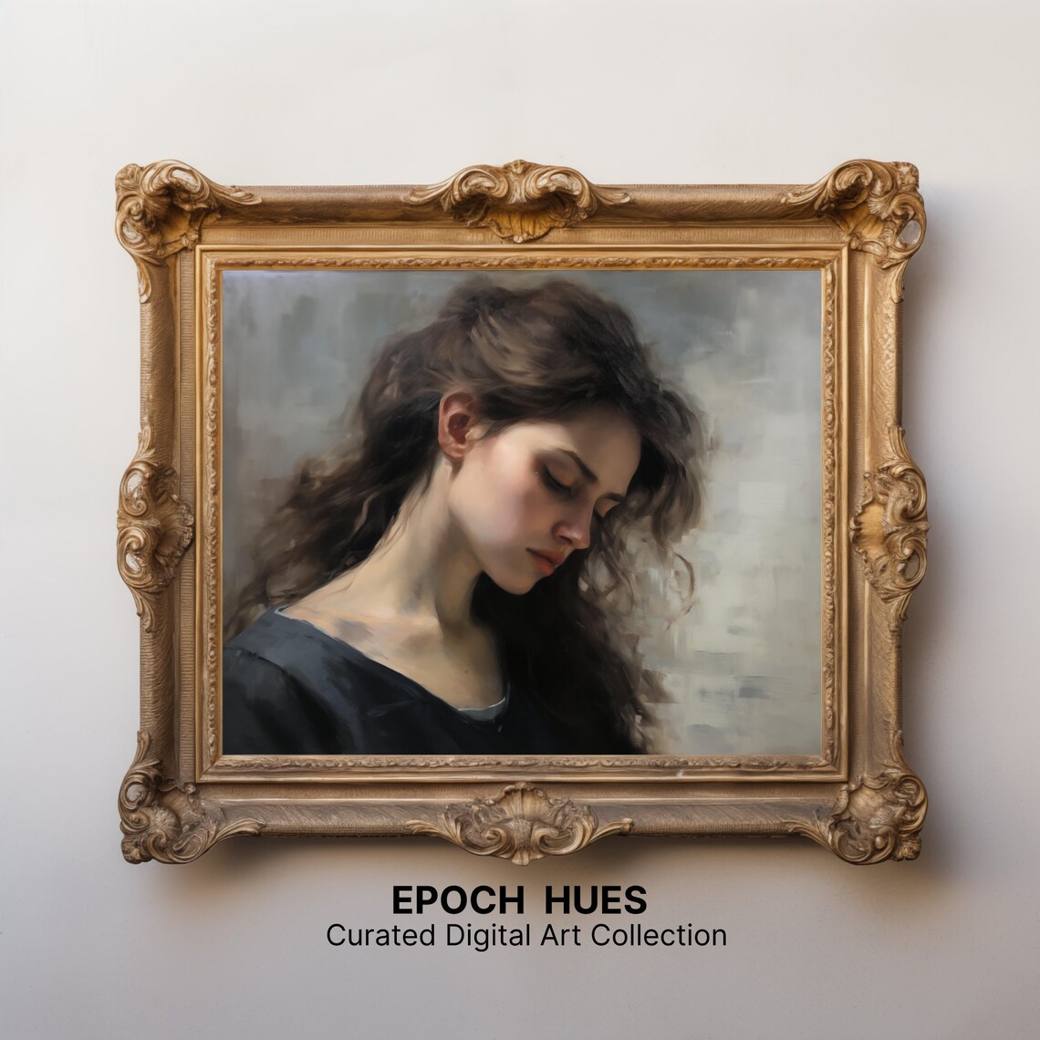 Woman with Flowing Dark Hair Pensive Classical Portrait Poster