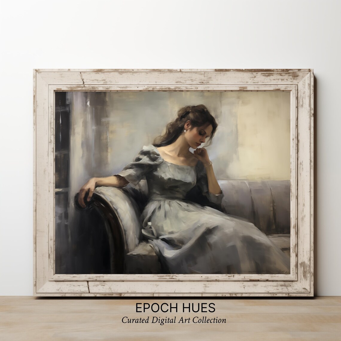 Elegant Woman in Gray Gown Reclining Oil Painting Vintage Style Poster - Image 2