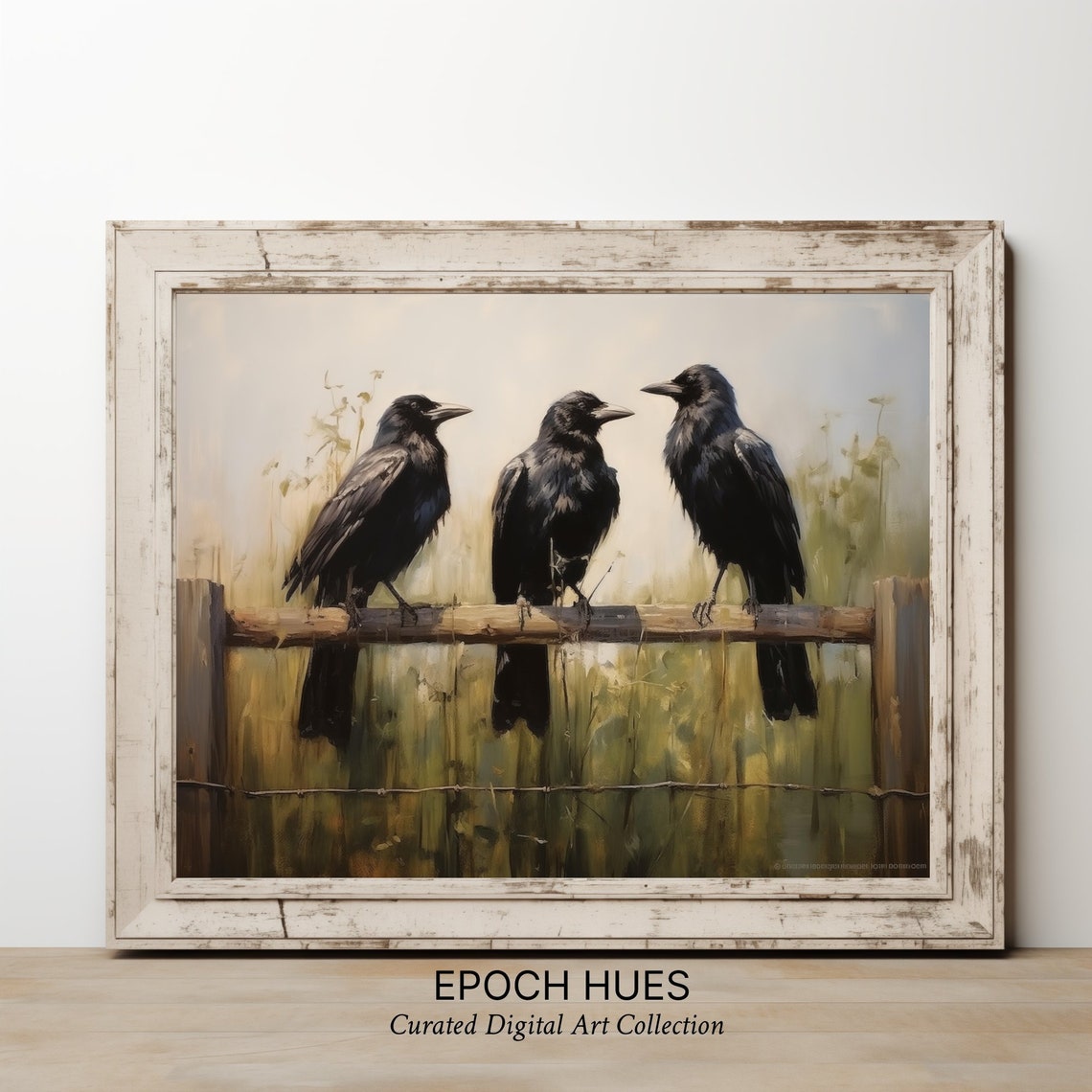 Three Crows Perched on Wooden Fence Rustic Wildlife Art Poster - Image 3