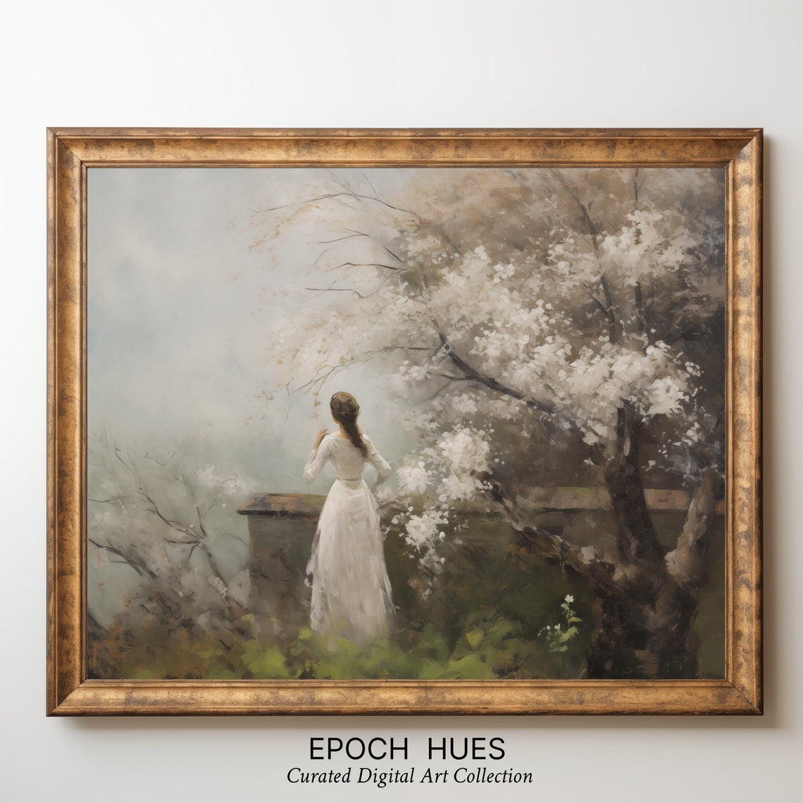 Woman In White Dress Under Blossoming Tree Misty Romantic Wall Art