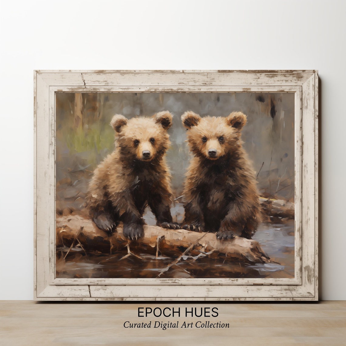Two Fluffy Bear Cubs on Forest Log by Stream Wildlife Poster - Image 2
