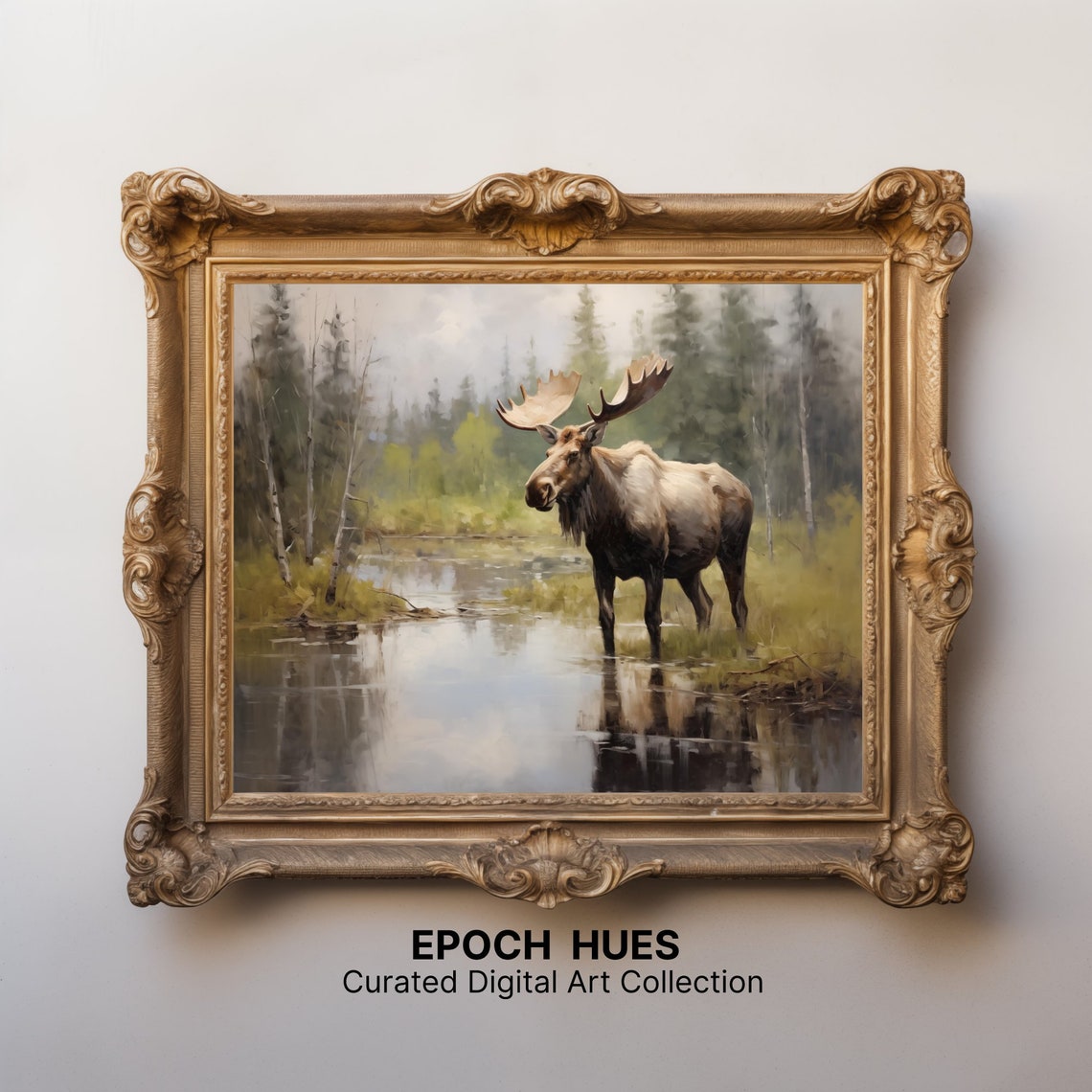 Bull Moose with Antlers Wading Forest Pond Wildlife Painting Poster - Image 3