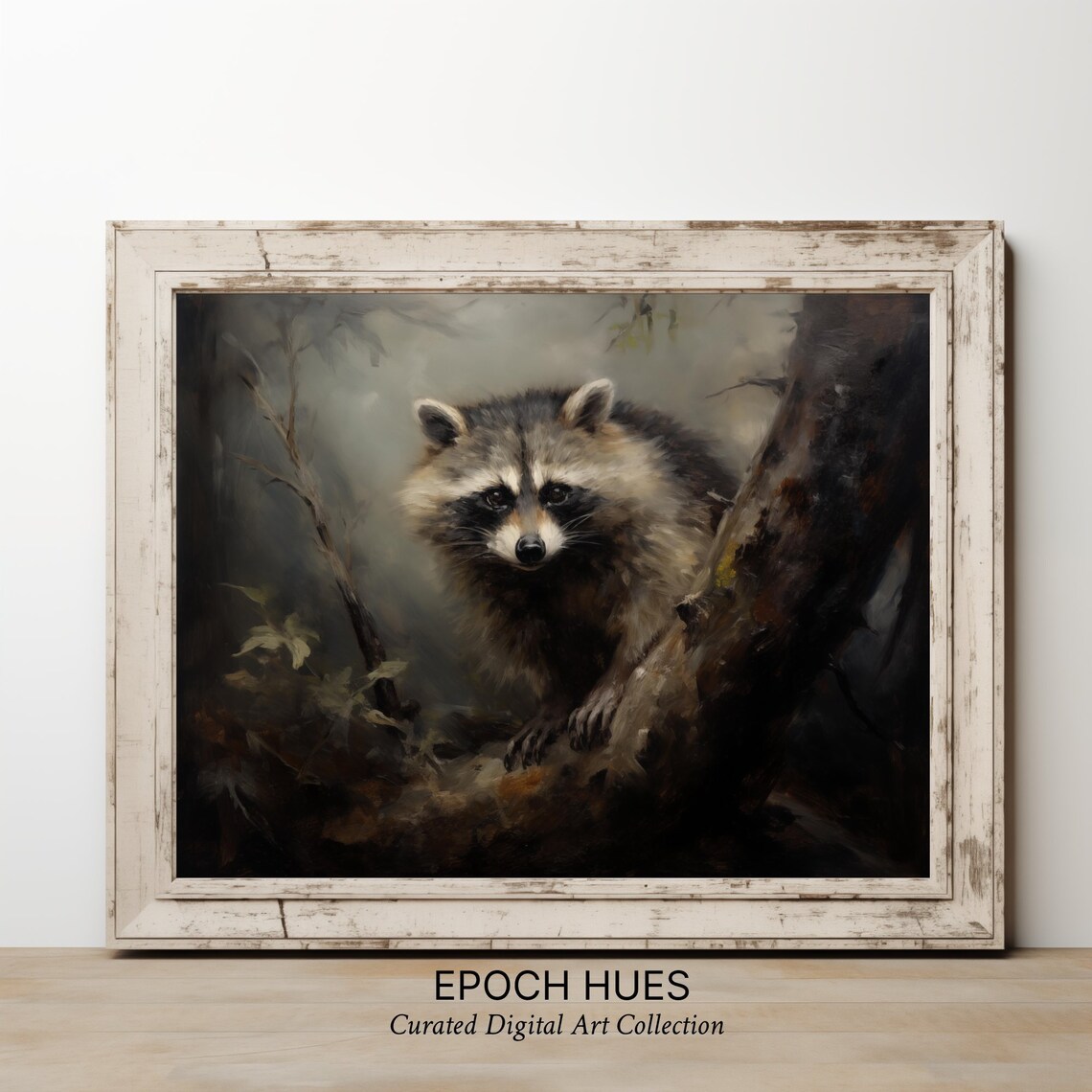 Raccoon In Dark Forest Vintage Wildlife Portrait Painting Poster - Image 2