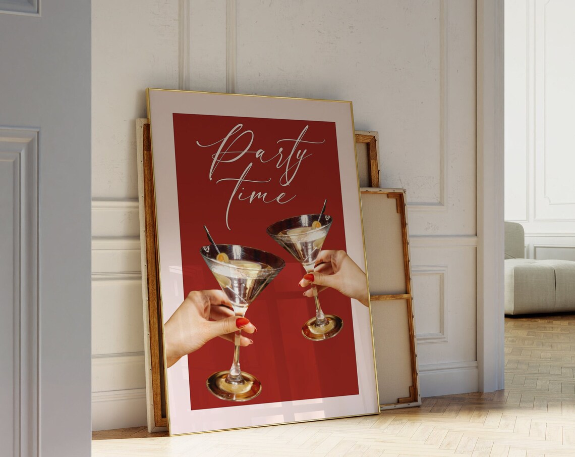 Party Time Fun Martini Quote Red Bar Cart Decor Girly Wall Art - Image 5