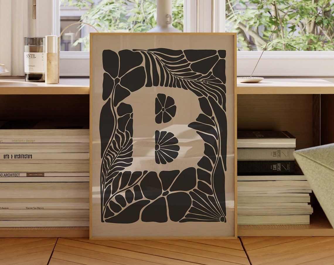 Letter B Botanical Monogram Black Floral Initial Name Poster