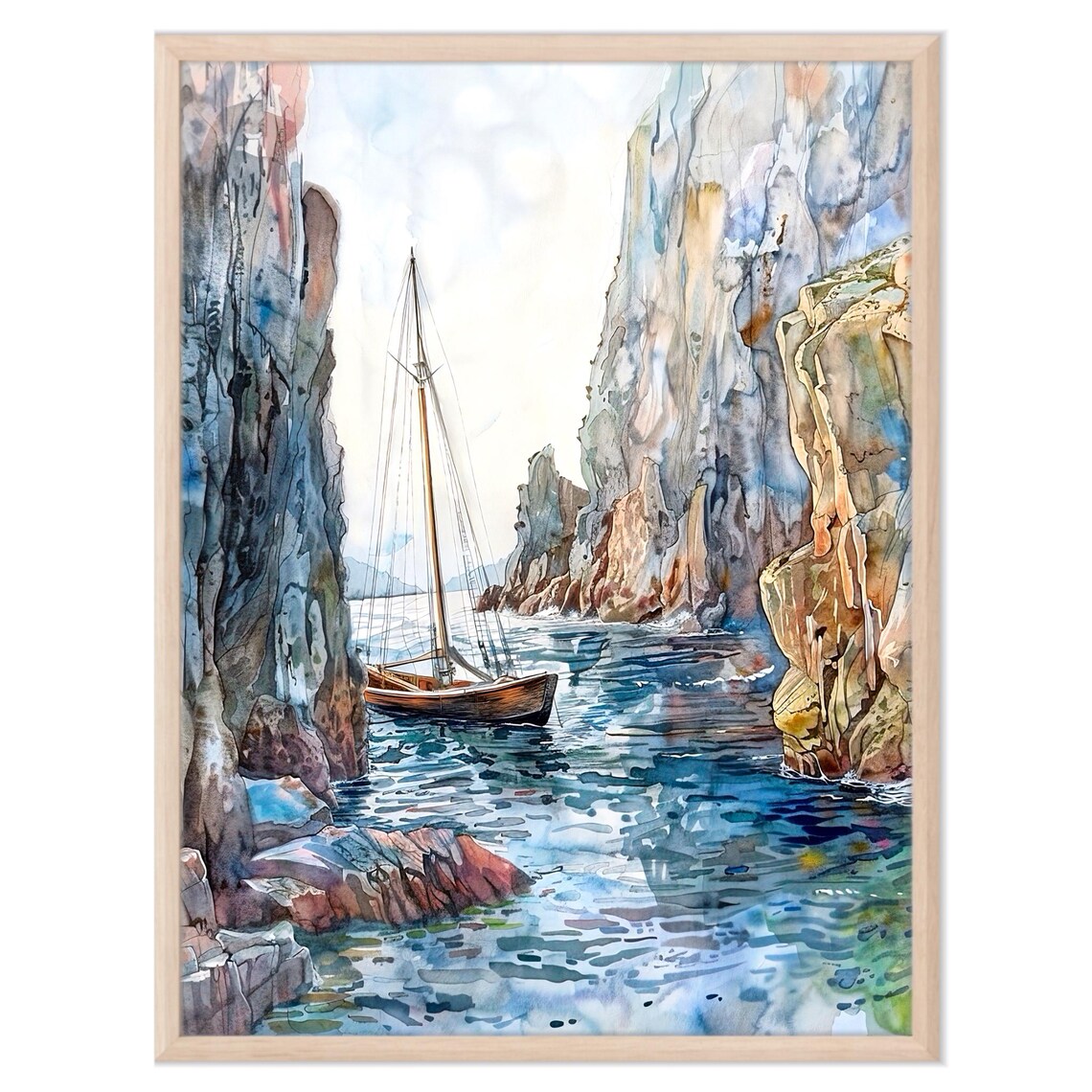 Wooden Sailboat Anchored in a Rocky Coastal Cove Watercolor Poster