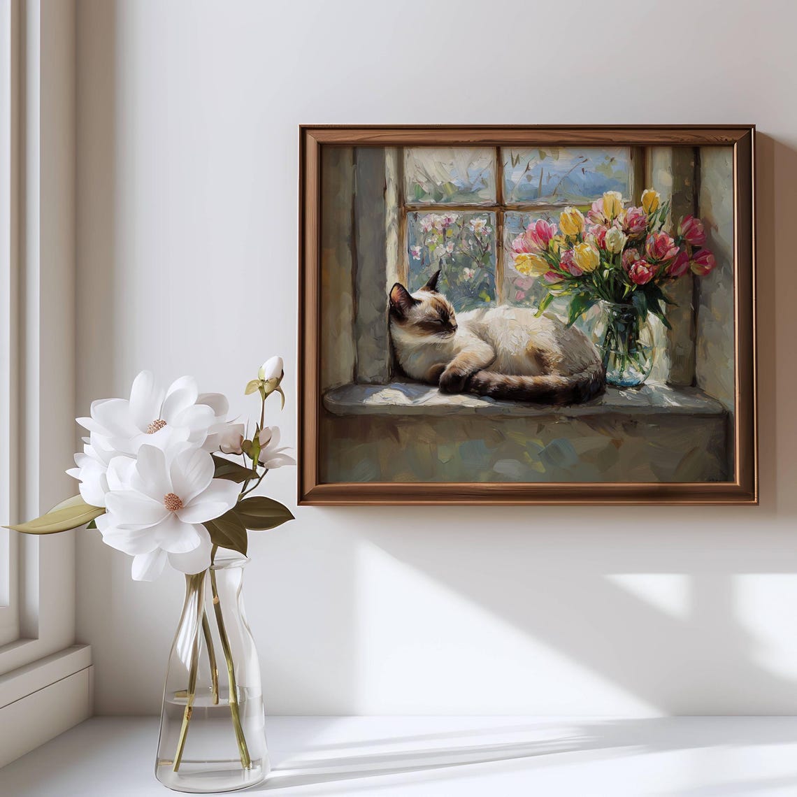 Sleeping Siamese Cat on a Windowsill Beside Tulips Spring Poster - Image 5