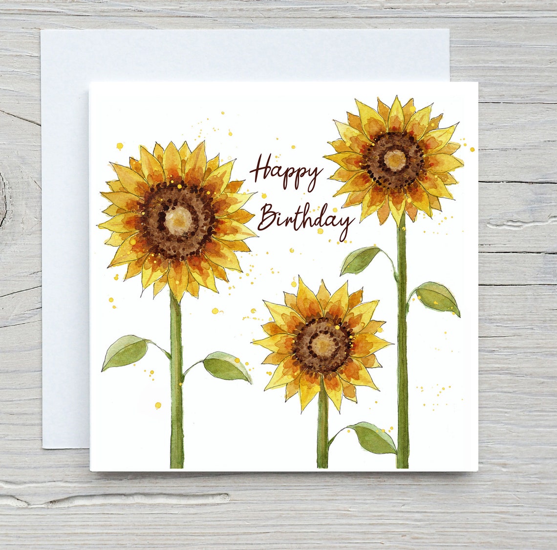 Watercolour Sunflower Birthday Card Poster with Three Cheerful Blooms