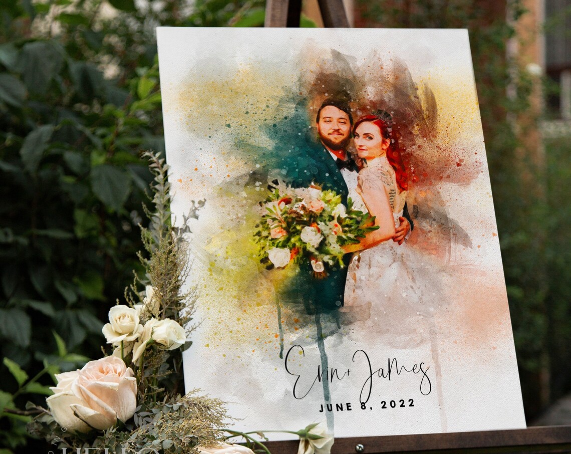 Custom Watercolor Wedding Couple Guest Sign Board Portrait Poster