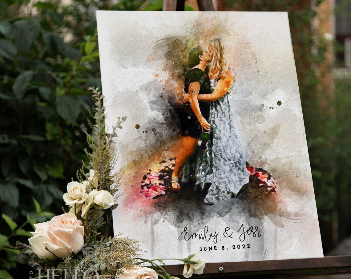 Custom Watercolor Two Brides Wedding Guest Sign Board Portrait Poster