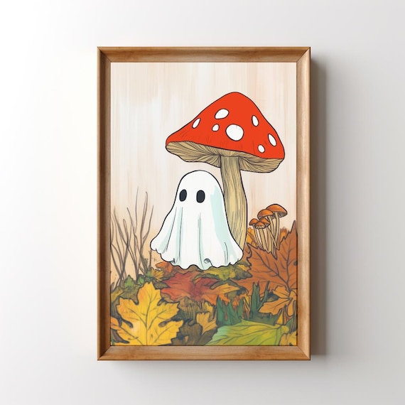 Cute Fall Ghost Sitting Beside Red Mushroom in Autumn Leaves Poster