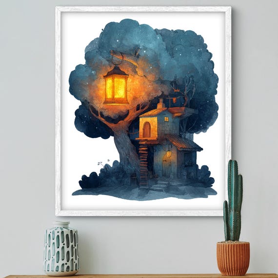 Whimsical Treehouse Art Print Fantasy Forest Wall Decor Cozy Illustration