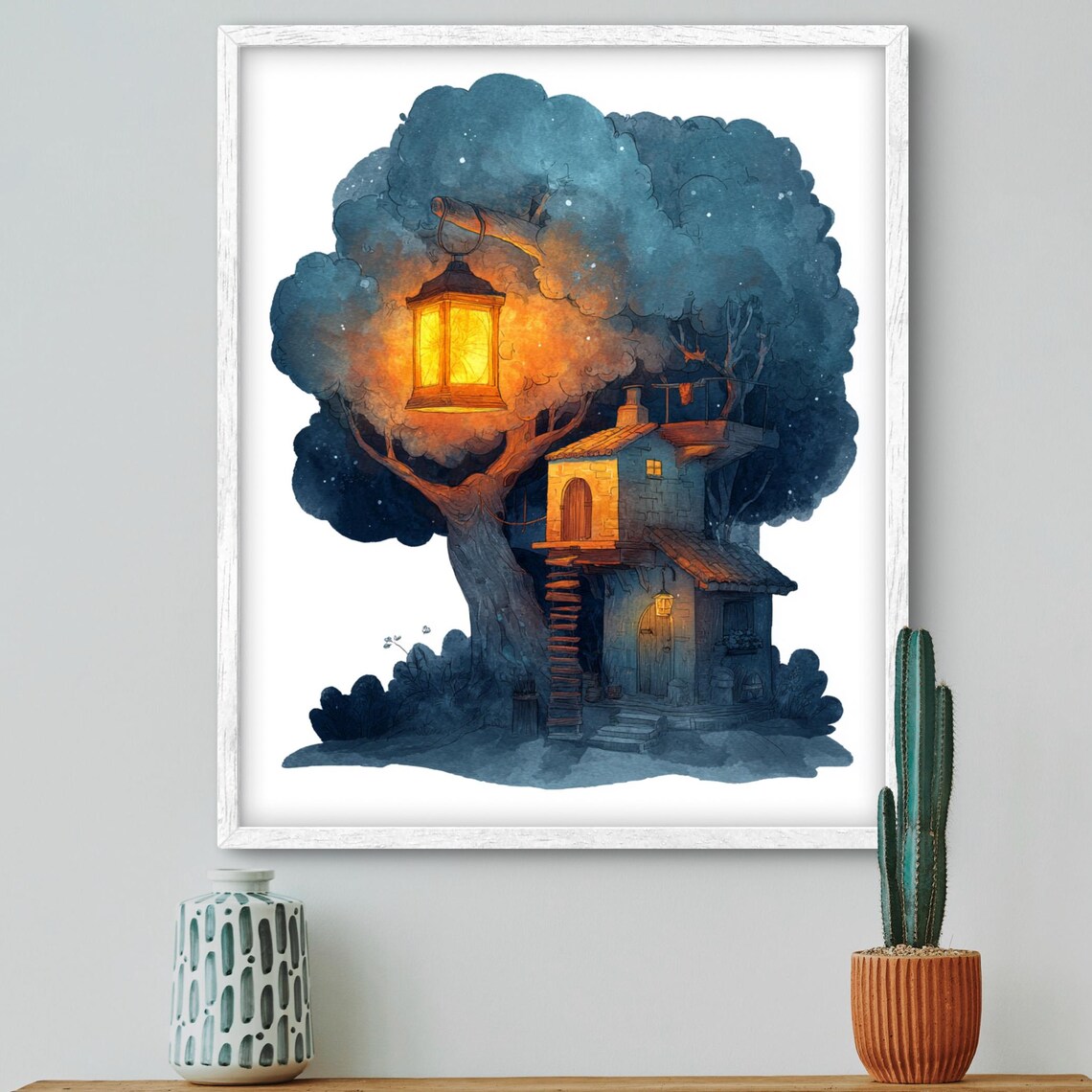Whimsical Treehouse Art Print Fantasy Forest Wall Decor Cozy Illustration