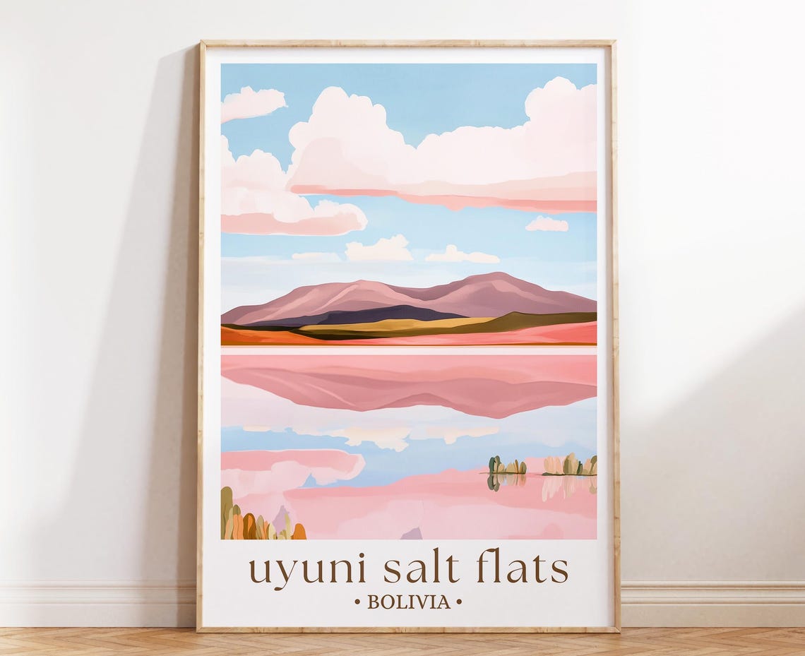 Uyuni Salt Flats Bolivia Mirror Reflection Mountains Pink Sky Poster