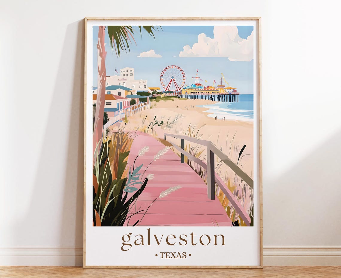 Galveston Texas Vintage Travel Poster, Coastal Art Print