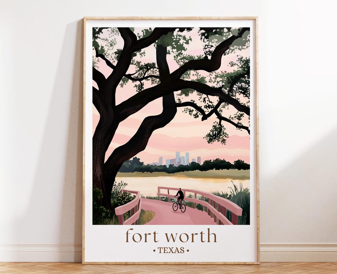 Fort Worth Texas Trinity River Bridge Cyclist Oak Sunset Poster