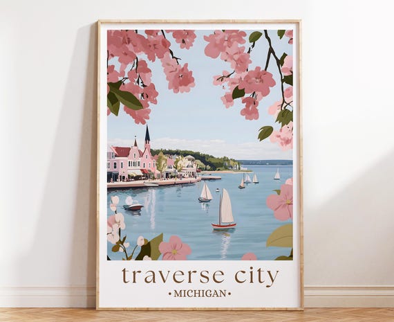 Traverse City Michigan Print Lake Art Cherry Festival Poster Travel Wall Decor Waterfront Town Illustration