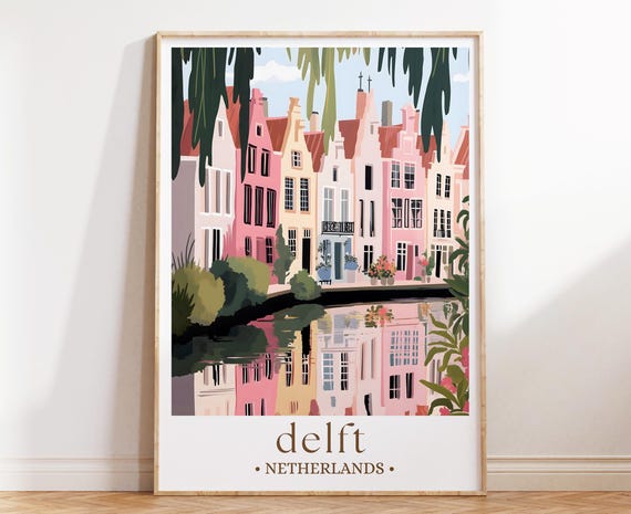 Delft Netherlands Travel Poster Dutch Canal Wall Art European City Illustration Scenic Architecture Decor