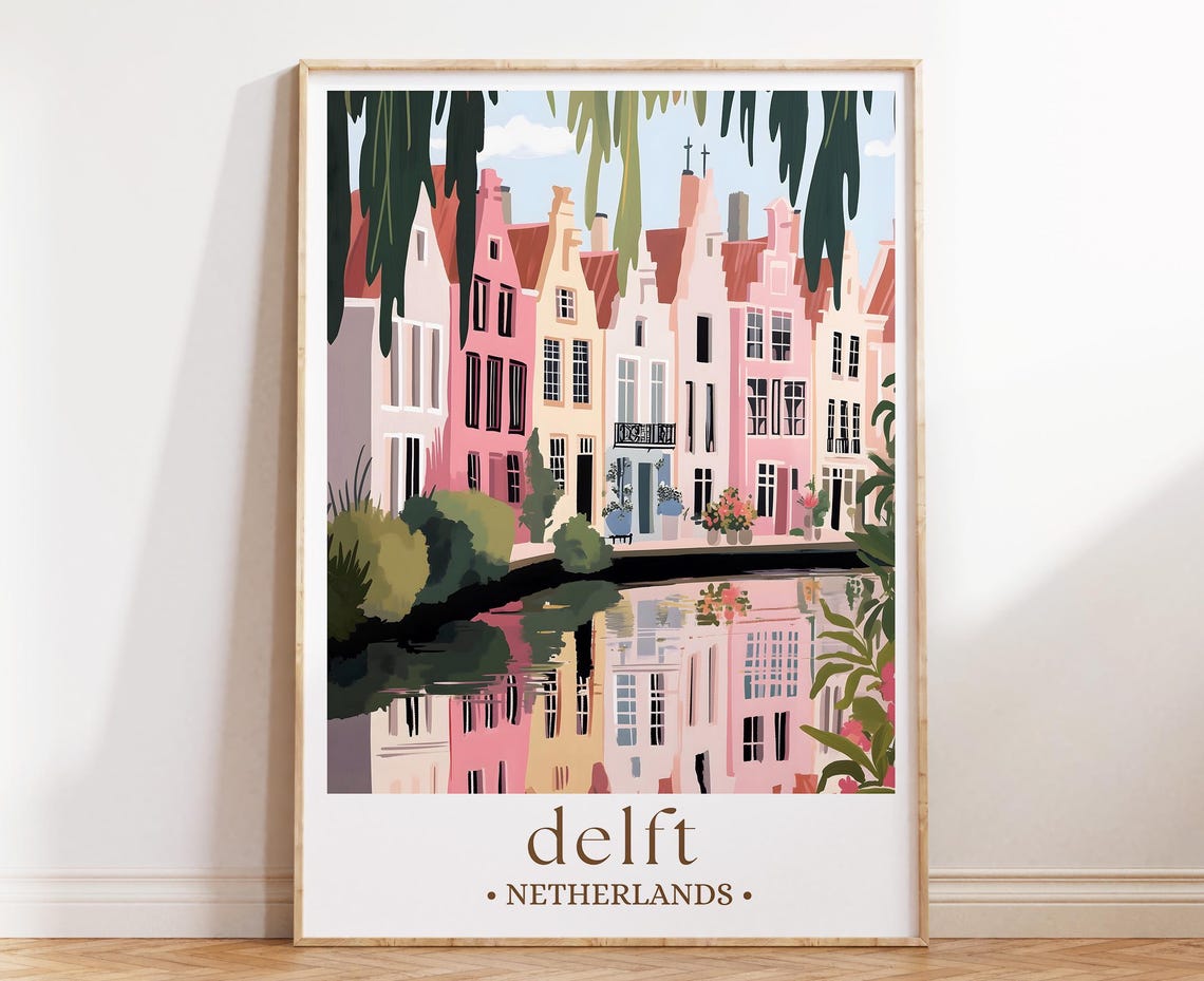 Delft Netherlands Canal Gabled Houses Reflection Travel Poster