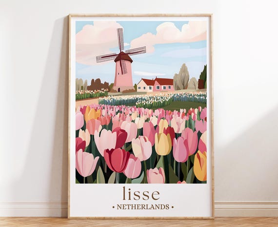 Lisse Netherlands Art Print Tulip Field Landscape Poster Springtime Travel Illustration Dutch Countryside Decor