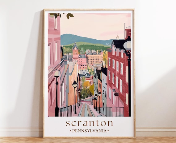 Scranton Pennsylvania Electric City Hillside Street Illustrated Travel Poster
