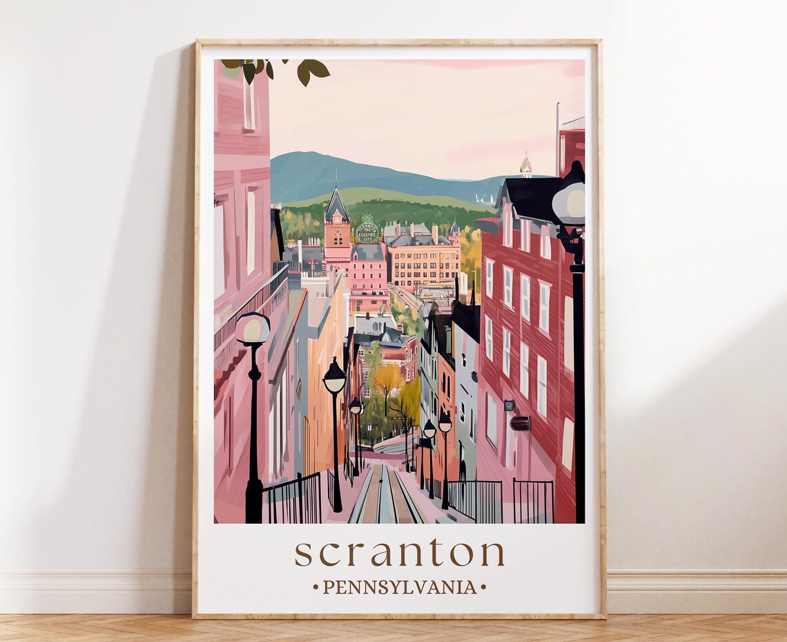 Scranton Pennsylvania Electric City Hillside Street Illustrated Travel Poster