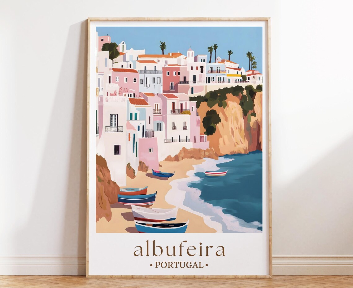 Albufeira Portugal Poster Algarve Cliffside Town Beach Fishing Boats