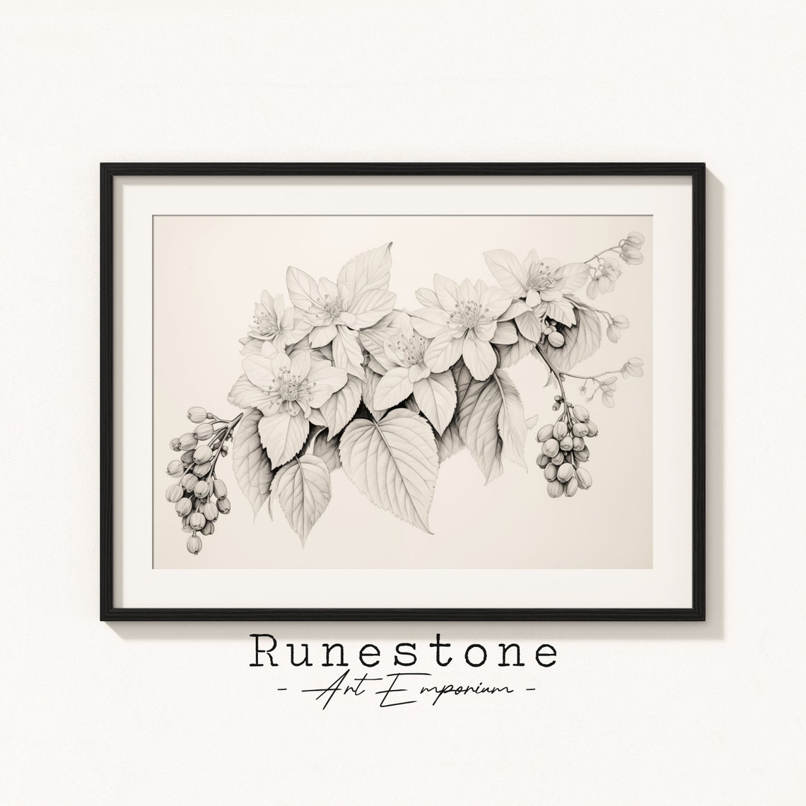Blooming Floral Branch Botanical Sketch Spring Blossom Pencil Wall Art