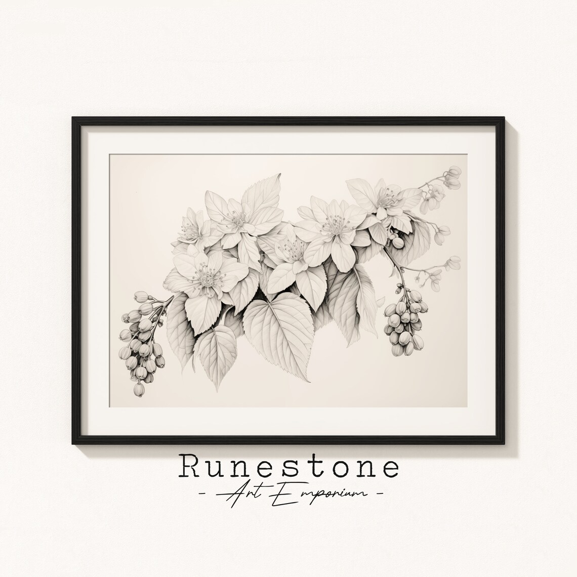 Blooming Floral Branch Botanical Sketch Spring Drawing Minimal Landscape Pencil Decor Neutral Art Print