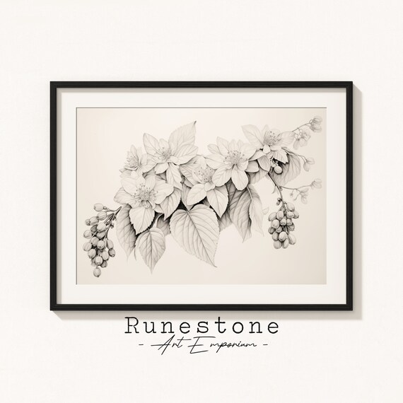 Blooming Floral Branch Botanical Sketch Spring Blossom Pencil Wall Art