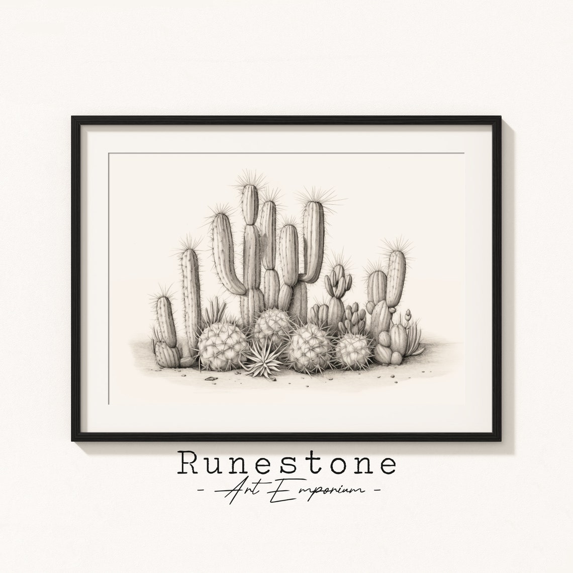 Cactus Cluster Pencil Sketch Saguaro Desert Botanical Line Art Poster