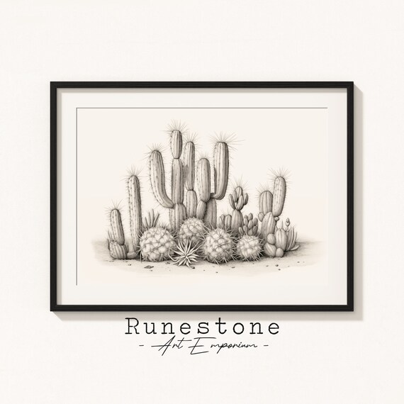 Cactus Medley Sketch Print Botanical Wall Art Minimal Portrait Pencil Drawing Home Decor Neutral