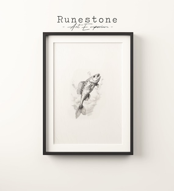 Leaping Bass Fish Pencil Sketch Minimalist Black White Nature Print