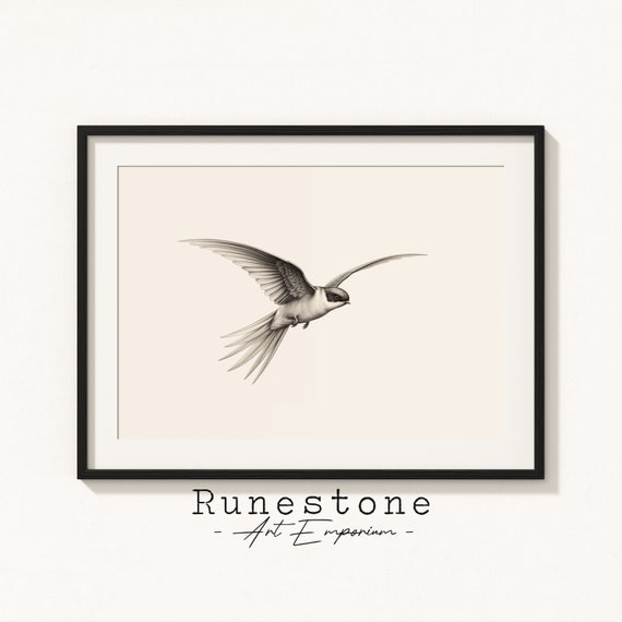 Flying Swallow Bird Illustration Subtle Wall Art Minimal Animal Portrait Pencil Drawing Decor Neutral Print