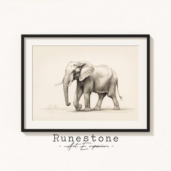 Elephant Safari Illustration Savanna Wall Art Minimal Animal Portrait Pencil Drawing Decor Neutral Print
